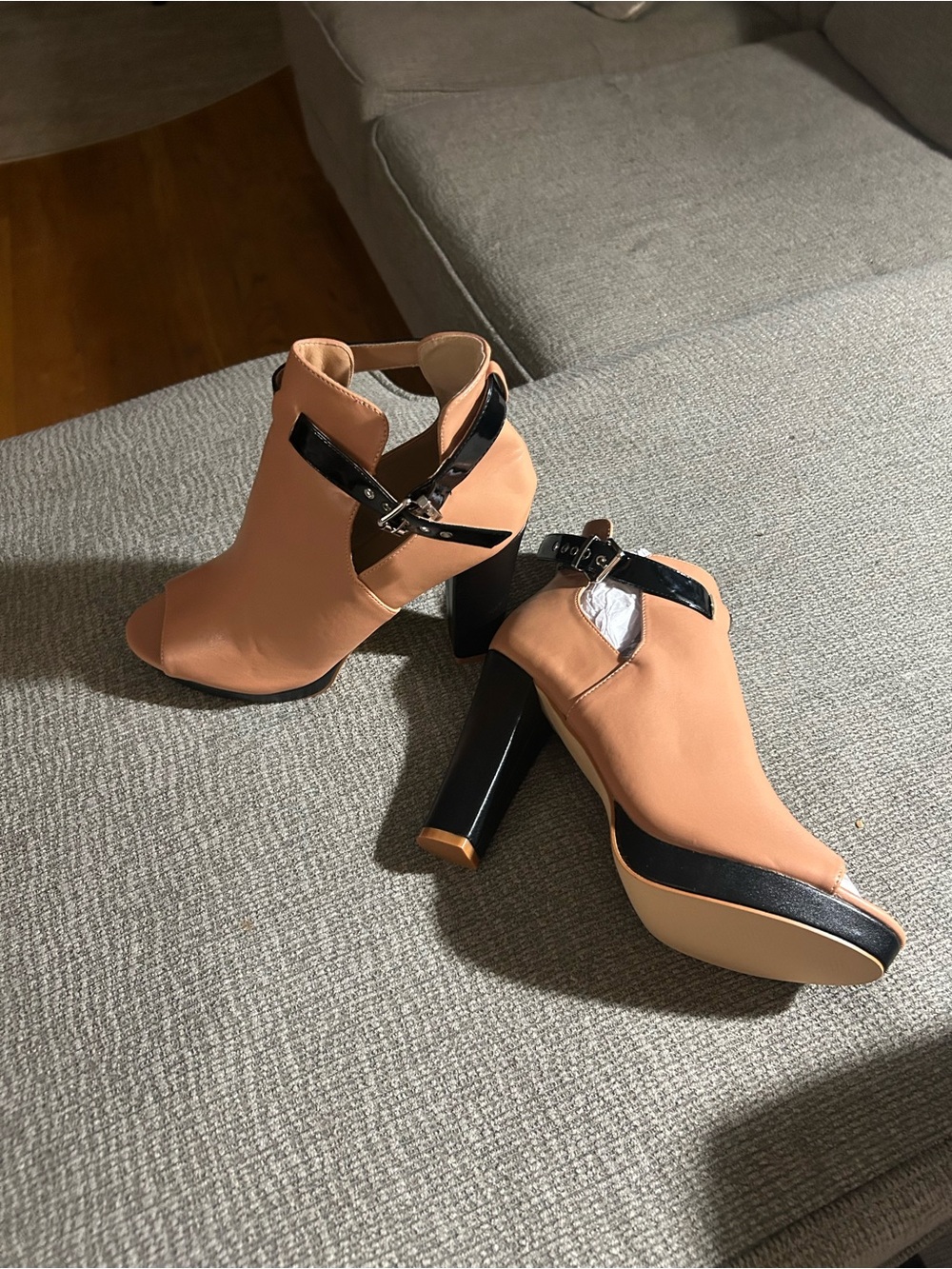 Tan Open-Toe Block Heel Ankle Booties with Black Strap